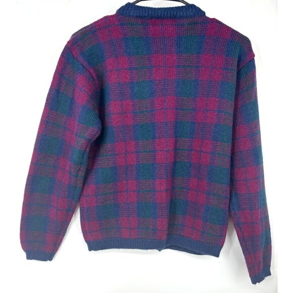 Vintage Jos A Bank Plaid Wool Cardigan Gold Button Red Blue Medium - Picture 2 of 5